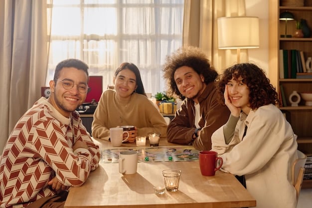 A close-up photograph of a diverse group of friends gathered around a table, immersed in a tabletop RPG session. Dice, character sheets, miniatures, and rulebooks are scattered across the table. The faces of the players reflect concentration, excitement, and camaraderie.
