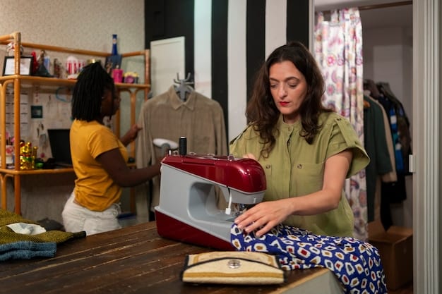 A person using a sewing machine to alter a thrifted garment, demonstrating how thrift store finds can be customized and transformed into cosplay costume pieces.