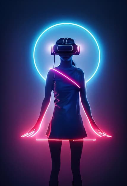 A gamer wearing a VR headset, fully immersed in a virtual world, with glowing lights and futuristic interfaces surrounding them.