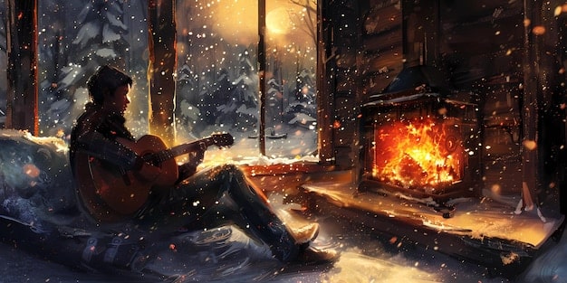 A digital illustration depicting Kvothe from The Kingkiller Chronicle playing his lute in a dimly lit tavern. The image captures his musical talent and the mysterious aura surrounding his past.