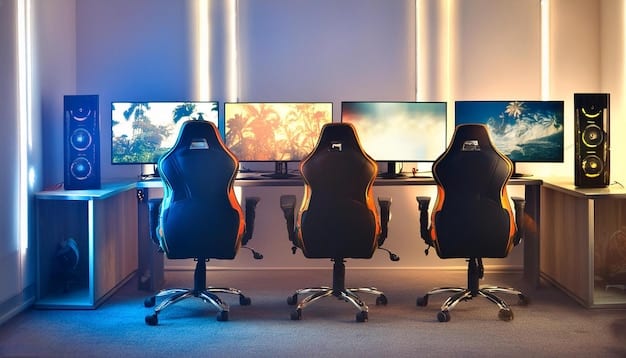 A gaming setup with multiple monitors, a comfortable gaming chair, and a powerful desktop computer, showcasing a dedicated space for immersive gaming experiences.