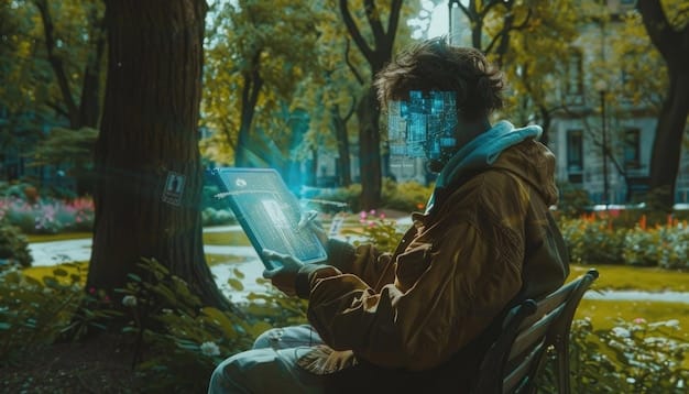 A person playing an AR game in a park, using a smartphone to interact with virtual creatures overlaid on the real-world environment. The scene shows the blend of the digital and physical worlds.
