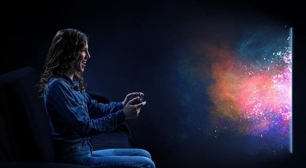 A person playing a graphically intensive video game on a tablet using cloud gaming, with a seamless and lag-free experience. The background shows a modern living room.