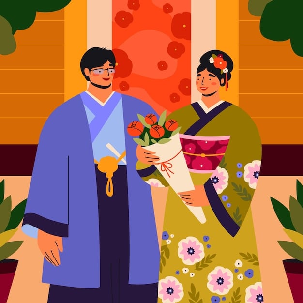 A traditional Korean wedding ceremony, showcasing the bride and groom bowing respectfully to the groom's parents. The parents are seated in a place of honor, and the scene emphasizes the importance of honoring elders and family lineage in Korean culture.