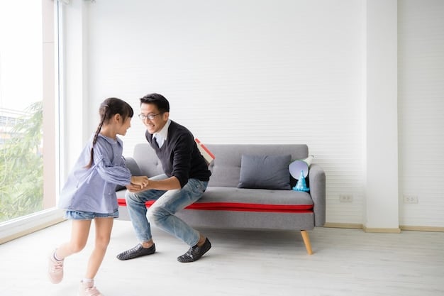 A modern Korean family gathered in a living room. The father is helping his young child with homework while the mother prepares tea. The scene conveys a sense of shared responsibility and the evolving roles within the family structure, balancing tradition with modern lifestyles.