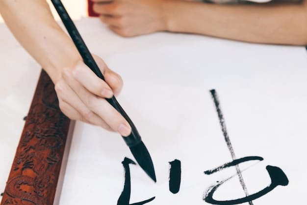 An instructor guiding a student's hand as they attempt a delicate stroke with a calligraphy brush. The setting is a bright, airy studio filled with examples of Korean calligraphy. The instructor's expression is encouraging and supportive, highlighting the importance of guidance in mastering the art.