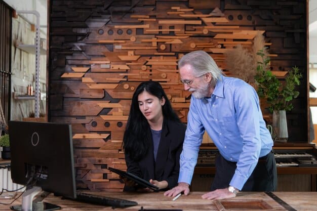 Two Korean coworkers, one older and one younger, bowing respectfully to each other in a modern office setting, illustrating the importance of age and seniority in Korean workplace dynamics.