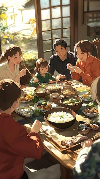 A Korean family enjoying a meal together, emphasizing the importance of collectivism and family harmony in Korean culture.