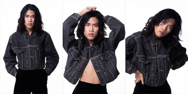 A split image showcasing a K-Pop idol wearing a high-end designer outfit on one side, and an American teenager replicating the same outfit with more affordable, streetwear-inspired pieces on the other. The image emphasizes the accessibility and adaptability of K-Pop fashion.