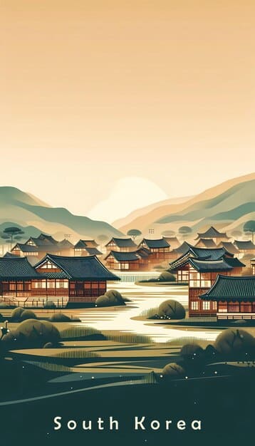 A serene Korean landscape painting depicting a traditional village nestled among mountains, with each of the twelve zodiac animals subtly incorporated into the scene. The colors are muted and harmonious, evoking a sense of peace and tranquility.
