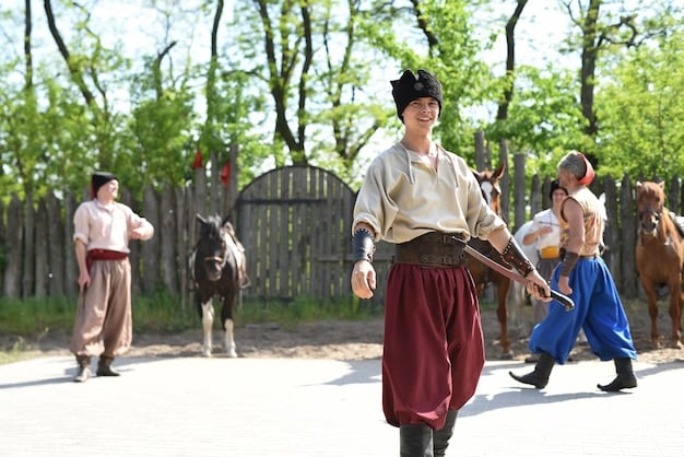 American children in traditional Hanbok clothes, participating in a Korean traditional dance workshop at a language camp.