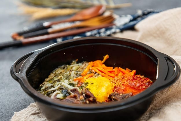 A close-up shot of a bowl of Tteokguk, Korean rice cake soup, with colorful garnishes. The soup is steaming, and the image emphasizes the savory and comforting aspects of the dish.