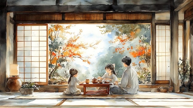 A digital painting showing two Korean-American children listening intently to their grandmother tell a folk tale, with a traditional Korean landscape painting hanging on the wall behind them.