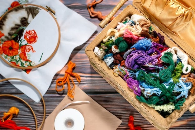 A set of Korean embroidery tools laid out on a table, including needles, colorful silk threads, a wooden embroidery hoop, and a small pair of scissors. The arrangement is neat and inviting, suggesting a beginner-friendly setup.