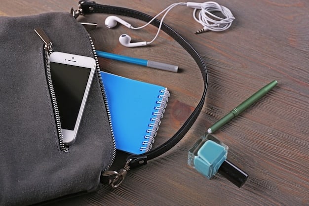 A neatly packed bag containing essential items for a K-Pop concert, including a light stick, portable charger, banner, water bottle, and earplugs.