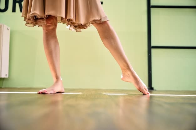 A close-up of a K-Pop dance instructor's feet demonstrating a specific footwork technique. Arrows and visual cues highlight the precise movements. This emphasizes the detail and precision required to learn correctly.