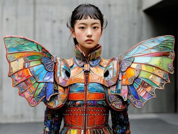 A detailed close-up of a K-Pop idol wearing traditional Korean clothing, adorned with symbols representing folklore and mythology, set against a backdrop inspired by ancient Korean architecture.