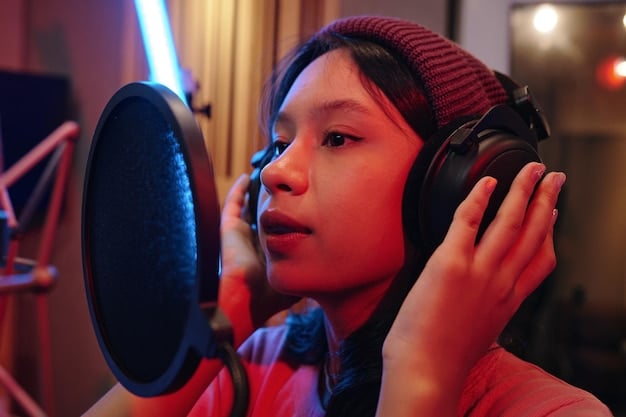 A close-up shot of a music producer in a recording studio, surrounded by audio equipment, passionately working on a K-drama OST. Soft lighting and focus on the producer's intent expression.