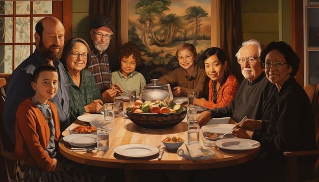 A close-up shot of a Korean family gathered around a traditional dining table, sharing a meal and engaging in lively conversation. The image should highlight the warmth and closeness of family relationships in Korean culture.