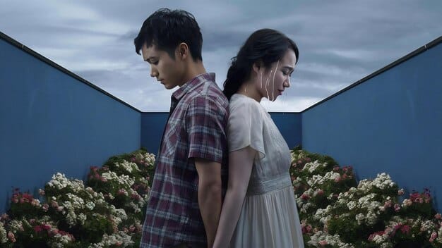 A split image showing two scenes from different K-Dramas. On one side, a romantic scene with actors looking into each other's eyes in a cherry blossom filled environment. On the other side, a tense action scene with a character in a suit pointing a weapon, showcasing the genre diversity within K-Dramas.