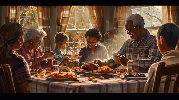 A heartwarming image from a family K-drama, depicting a multi-generational family sharing a meal together, emphasizing the bonds and warmth of family ties.