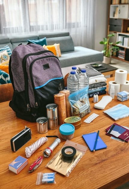 A close-up shot of a well-organized backpack containing essential Comic Con items: a water bottle, a portable charger, hand sanitizer, a small first-aid kit, snacks, a notebook, and a pen. The image emphasizes practical and useful items.