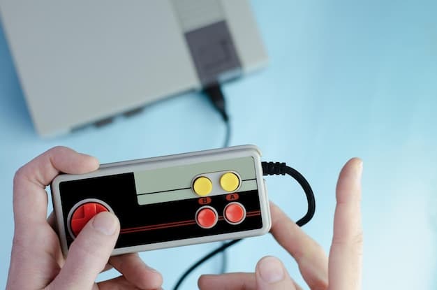 A close-up shot of a person's hands intensely playing a classic arcade game like Pac-Man or Space Invaders on an authentic arcade cabinet. The focus should be on the joystick and buttons, with the game screen slightly blurred in the background, conveying a sense of immersion and focus.