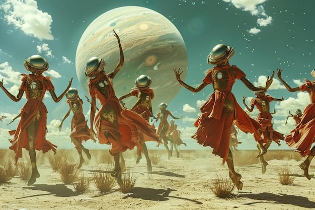 A dramatic scene depicting a diverse group of characters standing on an alien planet, gazing up at a massive, ancient structure partially buried in the landscape. The characters wear futuristic clothing, and the structure exudes an aura of mystery and power.