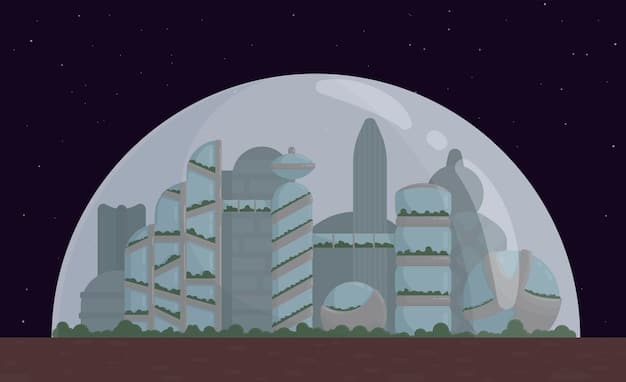 A serene landscape on the planet Anarres, with minimalist architecture and inhabitants engaged in communal activities. The scene should evoke a sense of simplicity and social harmony, contrasting with a distant cityscape on the planet Urras, which is bustling with activity and showcases opulent structures.