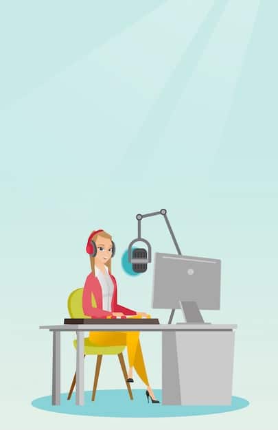 A person wearing headphones while sitting at a desk, with a microphone and computer in front of them. The room is dimly lit with various geeky figurines and posters adorning the walls. A laptop screen displays audio editing software.