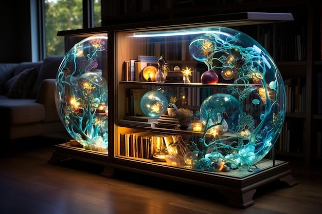 A shelf filled with various science fiction and fantasy books, board games, and geeky collectibles like Funko Pops. A warm lamp illuminates the shelf, casting soft shadows and creating a cozy atmosphere.