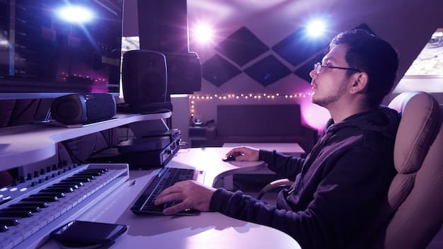 An eye-level shot of a composer conducting an orchestra during a video game music recording session. The image should capture the energy and passion of the performance, with the musicians fully engaged and the composer animated and expressive.