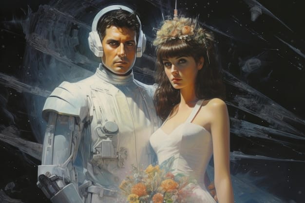 A bride and groom dressed in Star Wars-themed wedding attire. The bride is wearing a white dress with subtle Rebel Alliance symbols, and the groom is in a dark suit with a lightsaber hilt attached to his belt. They are posing in front of a themed backdrop resembling the Millennium Falcon.