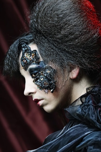 A close-up shot of a cosplayer dressed as a steampunk character, highlighting intricate details of the costume and makeup, captured with shallow depth of field to emphasize the character's expression.