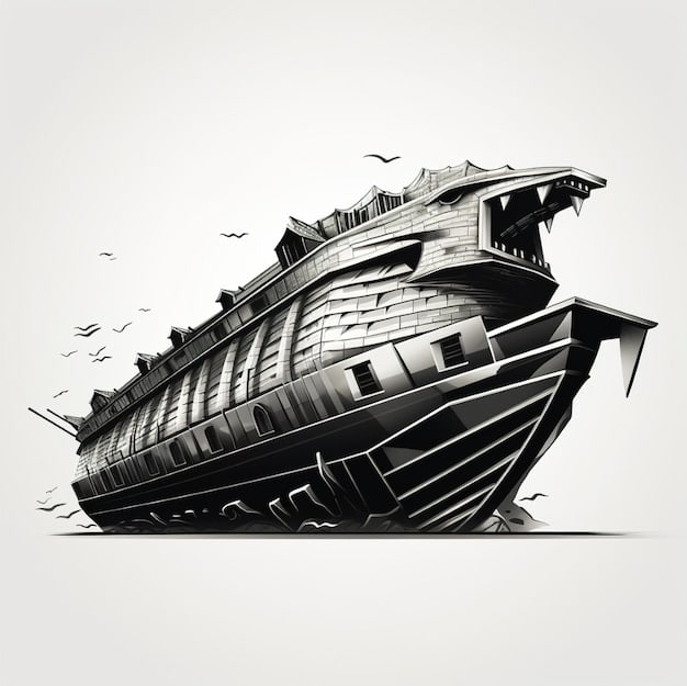 A detailed illustration of the Ship of Theseus paradox. On one side, a ship with all original wooden planks. On the other side, a ship constructed from the replaced planks of the original ship. A question mark hovers between the two ships, representing the philosophical dilemma.
