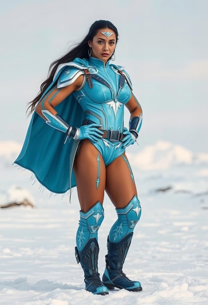 A cosplayer dressed as Wonder Woman, standing confidently in a dynamic pose with a detailed costume and accurate accessories, showcasing the character's strength and heroism.