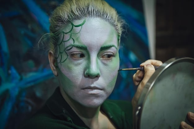 A cosplayer applying detailed makeup to their face, with various makeup brushes and products visible in the foreground. The cosplayer is focused and creating intricate details.