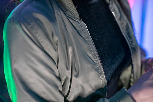 A close-up shot of a tech-integrated jacket with embedded LED lights and interactive displays, showcasing the blend of fashion and technology. The jacket is displayed on a mannequin in a minimalist setting.