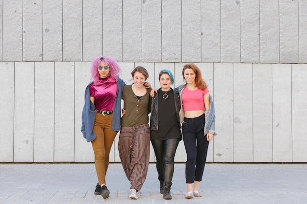 A group of diverse models of different sizes and genders wearing various geek-themed outfits, showcasing the inclusivity of the fashion trend. The backdrop is a vibrant and colorful cityscape.