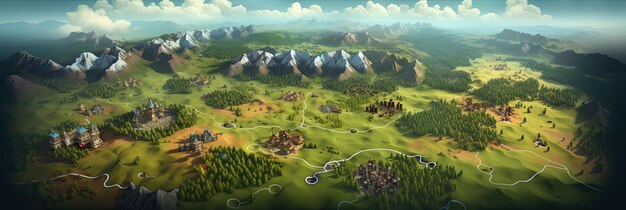 A beautifully illustrated game board depicting the Lands of Galzyr, showcasing diverse terrains such as forests, mountains, and villages. Several character miniatures are scattered across the board, each engaged in their own unique adventure.