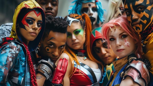 A diverse group of cosplayers at Comic Con, showcasing a range of costumes from superheroes to anime characters. The focus is on costumes that are both creative and practical, with attendees smiling and interacting comfortably.