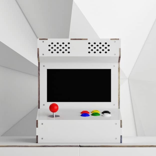 A digital mockup or sketch of a custom arcade cabinet design, showcasing the layout of controls (joysticks, buttons), screen size, and overall dimensions. The design should look clean, functional, and appealing, with potential themes like classic 80s arcade or a modern minimalist style.