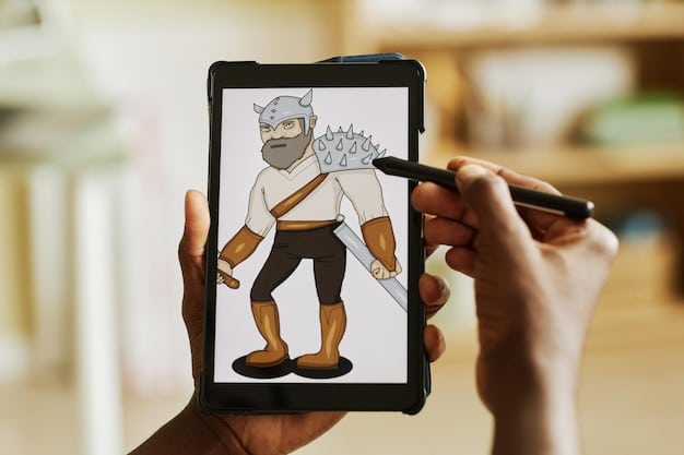 A digital portrait of a fantasy artist working on a digital painting on a tablet, surrounded by concept sketches and inspiration boards. The artist should be young and diverse, reflecting the new generation of artists in the US.