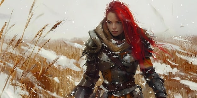 One of Anya Petrova's digital paintings, showcasing a futuristic Slavic warrior in a cyberpunk setting, adorned with traditional Russian ornaments and wielding a high-tech weapon. The artwork should be visually striking and representative of her unique style.