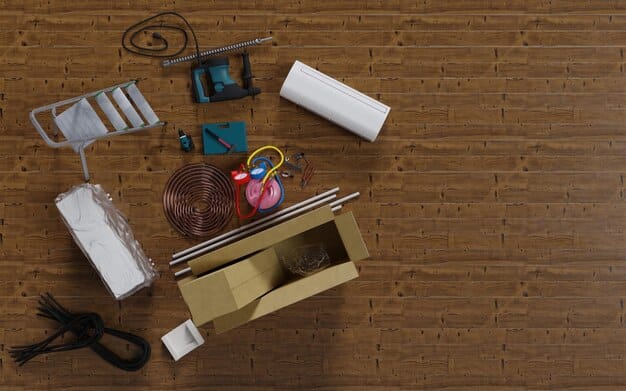 A detailed shot of various materials laid out on a workbench, including differently sized PVC pipes, LED lights, wiring, electrical tape, spray paint cans in metallic colors, and various small hardware components like buttons and screws.