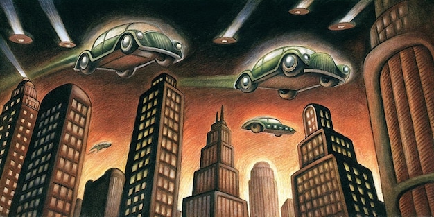 A detailed digital painting of a futuristic cityscape with fantasy elements. Flying vehicles, ancient architecture integrated with modern structures, and characters dressed in both traditional fantasy attire and futuristic fashion are visible. The image captures the fusion of historical and futuristic themes.