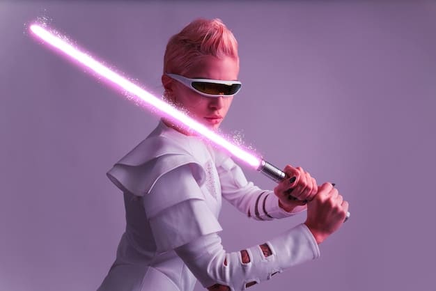 A person holding a custom-built lightsaber with a unique hilt design featuring intricate engravings and custom grips. The lightsaber blade is illuminated in a vibrant color.