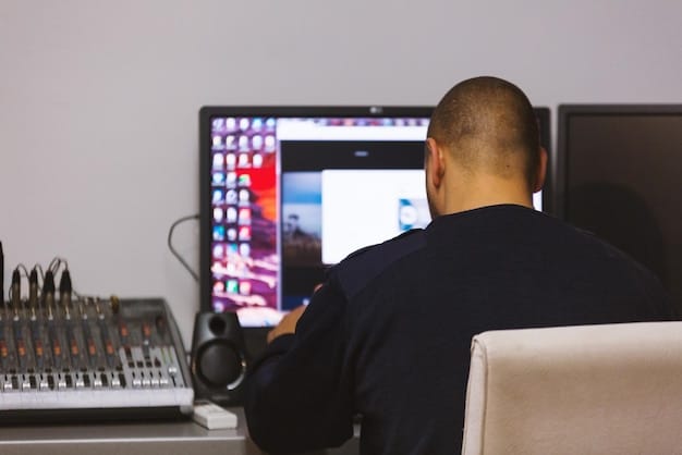 A composer working at the studio, looking at a big mixing panel with multiple sliders.