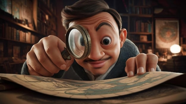 A person wearing white gloves carefully inspecting a comic book with a magnifying glass, focusing on details like the cover and page quality. The background is a well-lit room with bookshelves filled with comic books.