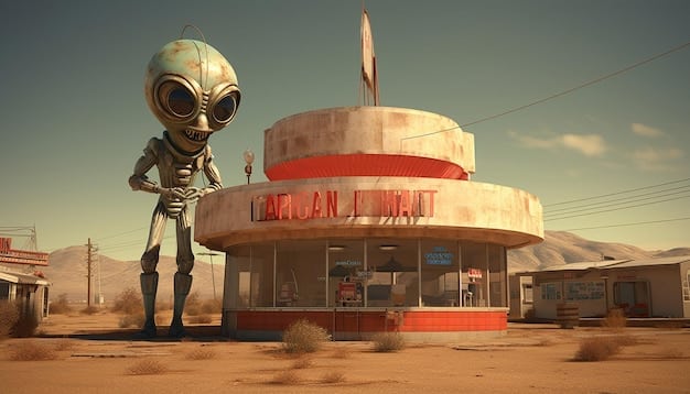 A street scene in Roswell, New Mexico, featuring alien-themed shops and attractions, with colorful signage and artwork depicting extraterrestrial beings.